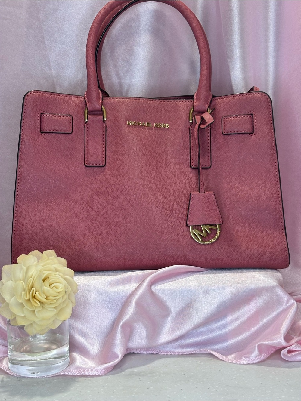 Michael Kors Rose Pink Saffiano Leather Satchel with Gold Hardware